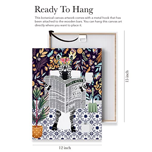 Botanical Zebra Canvas Poster Painting Bathroom Wall Art, Zebra On Toilet Reading Newspaper Picture Artwork Framed Print Ready To Hang For Restroom Toilet Wall Decor 12 X 15 Inch #TOP1