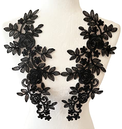 PEPPERLONELY 1 Pair Lace Flower Wedding Dress Patch Embroidered Sew On Applique Lace Trim, 13.75 x 5.5 Inches, Black