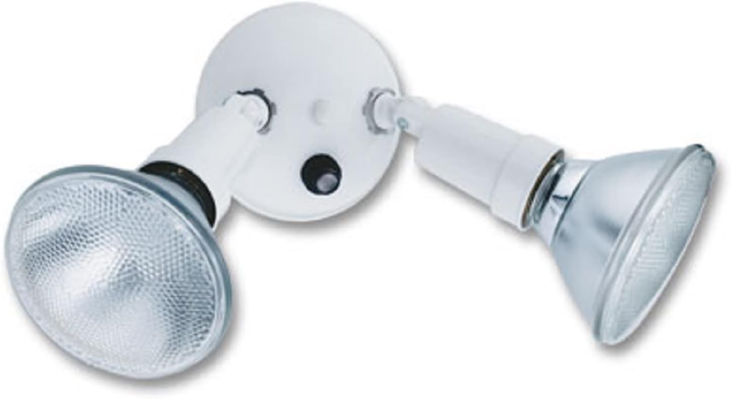 Adjustable Dusk Dawn Security Light, Twin Par Outdoor Flood Light Holder, Photocell Sensor, 120 Volts, Uses 2 Lamps Up to 150W (Not Included), White (OFTH 300PR 120 P WH M12)