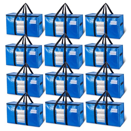 Image of TAILI Extra Large Moving Bags, 12 Pack Blue Heavy Duty Totes For Storage with Visible Window, Wrap Around Handles, Storage Bags for Space Saving, Alternative to Moving Boxes