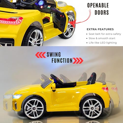Image of MEKASHI Electric Ride-On Car for Kids 1-7 Years, 12V Battery, Remote Control, 5 Speed, LED Lights, Bluetooth, Glossy Yellow