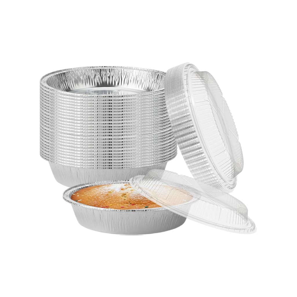 M1SS (Pack of 100 - Aluminium Foil Tray Food Container with Lids Round Tin Foil Recyclable Aluminium Disposable Pie Pan, Catering for Grilling, Bake, Roast, Oven Safe Home Restaurant (7-Inch)