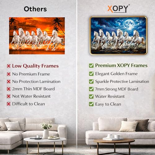 Image of XOPY Seven Running Horses with Golden Frame | Vastu 7 horses Raw Pyrite Painting for Home, Office & Living Room Wall Decore | 12X18 Inch Sparkle Laminated Frame | Best For Gifting (53311, 12X18)