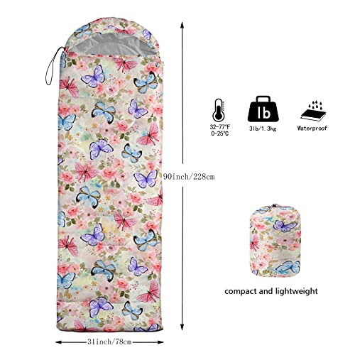 Bolsa de dormir para niños, diseño con flores y mariposas, ligera, cálida, portátil, impermeable y resistente para camping y actividades al aire libre miniatura 3