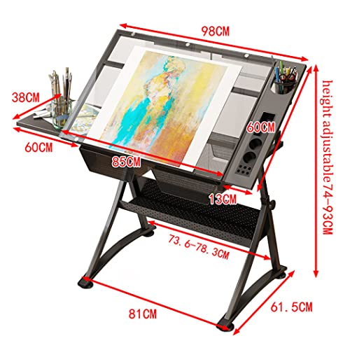 Drafting Desk, Drafting Table for Artists, Height Adjustable Glass Writing Desk with Stool, Tiltable Drawing Table Craft/Art Desk, 2 Storage Drawer, P