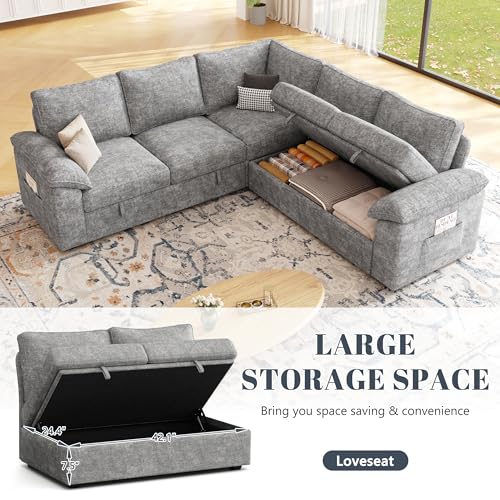 Image of 85'' Modular Sectional Sofa with Pull Out Bed, Sleeper Sofa, Light Gray