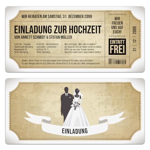 Kartenmachen.de Personalisierte Einladungskarten zur Hochzeit (ab 10 Stück Sets selbst gestalten) als Eintrittskarte mit echtem...