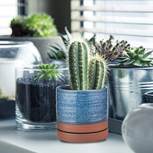 HERDUK 6 Inch Plant Pots, Ceramic Planter Pot with Drainage Hole & Saucer, Indoor/Outdoor Cylinder Round Planter Pot, Aqua Blue & Terracotta Red by HERDUK - Used condition - Image 6
