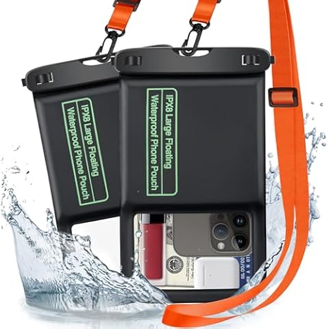 SUPFINE 2 Pcs Waterproof Phone Pouch Floating Case, Large Cell Phone IPX8 Dry Bag with Lanyard for iPhone 16 Pro Max/15/14/13//Galaxy S24 Ultra/S23/S22 Vacation Swimming Beach Travel Essentials-Black Cover