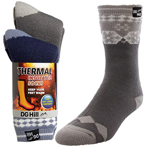 DG Hill 2 Pairs of Mens Thick Heat Trapping Thermal Socks Pack Insulated Warm Winter Crew Sock For Cold Weather