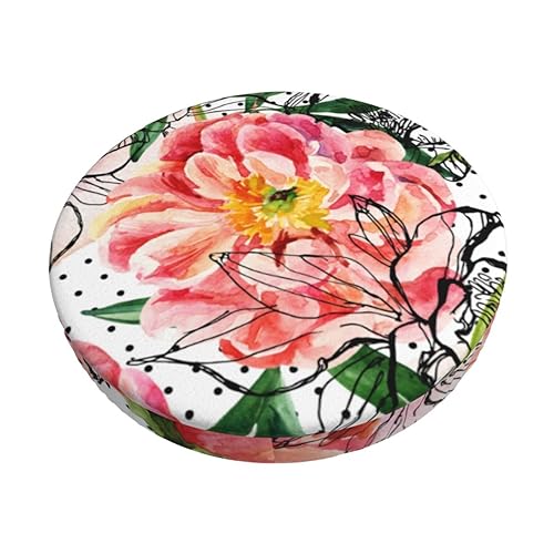 Bar Stool Cover Round,Watercolor Peonies Flowers with Polka Dots Elastic Stool Seat Cushion Cover Washable Stool Chair Cover Dustproof Slipcover 14 Inch