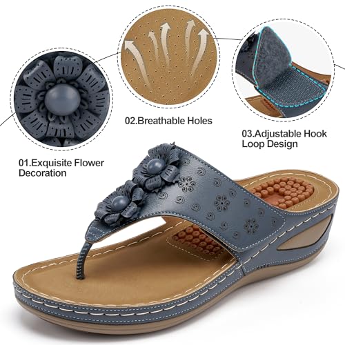 Image of Ecetana Womens Wedge Flip Flops: Orthopedic Cushion Non Slip Sandals - Comfortable Walking for All Day - Stylish Flower Adjustable Thong Sandals for Summer Casual Outing