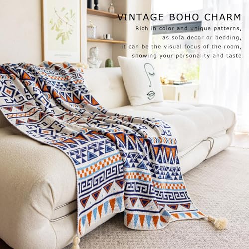 Plaid bohème en coton style rustique chic | Couverture canapé géométrique