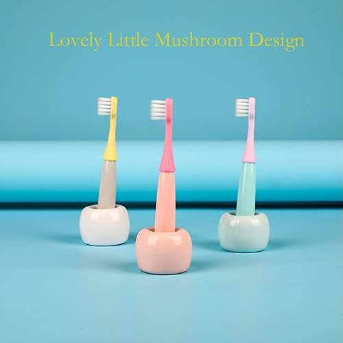 Miniatura 3 de Paquete de 6 cepillos de dientes para niños, precioso cepillo de dientes extra suaves de hongos para niños de 1 a 3 años (rosa, amarillo y azul)