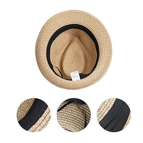 Kids Fedora Straw Sun Hat Short Brim Beach Outdoor Panama Trilby Cap Sun-Hats For 6-10 Years Khaki #TOP7