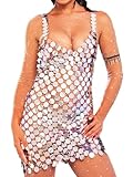 Aukmla Women Sparkly Sequin Chainmail Dress Silver Dots Disco Mini Dresses Nightclub Sleevess V Neck Body Chain Dresss (US, Alpha, One Size, Regular, Regular, Silver)