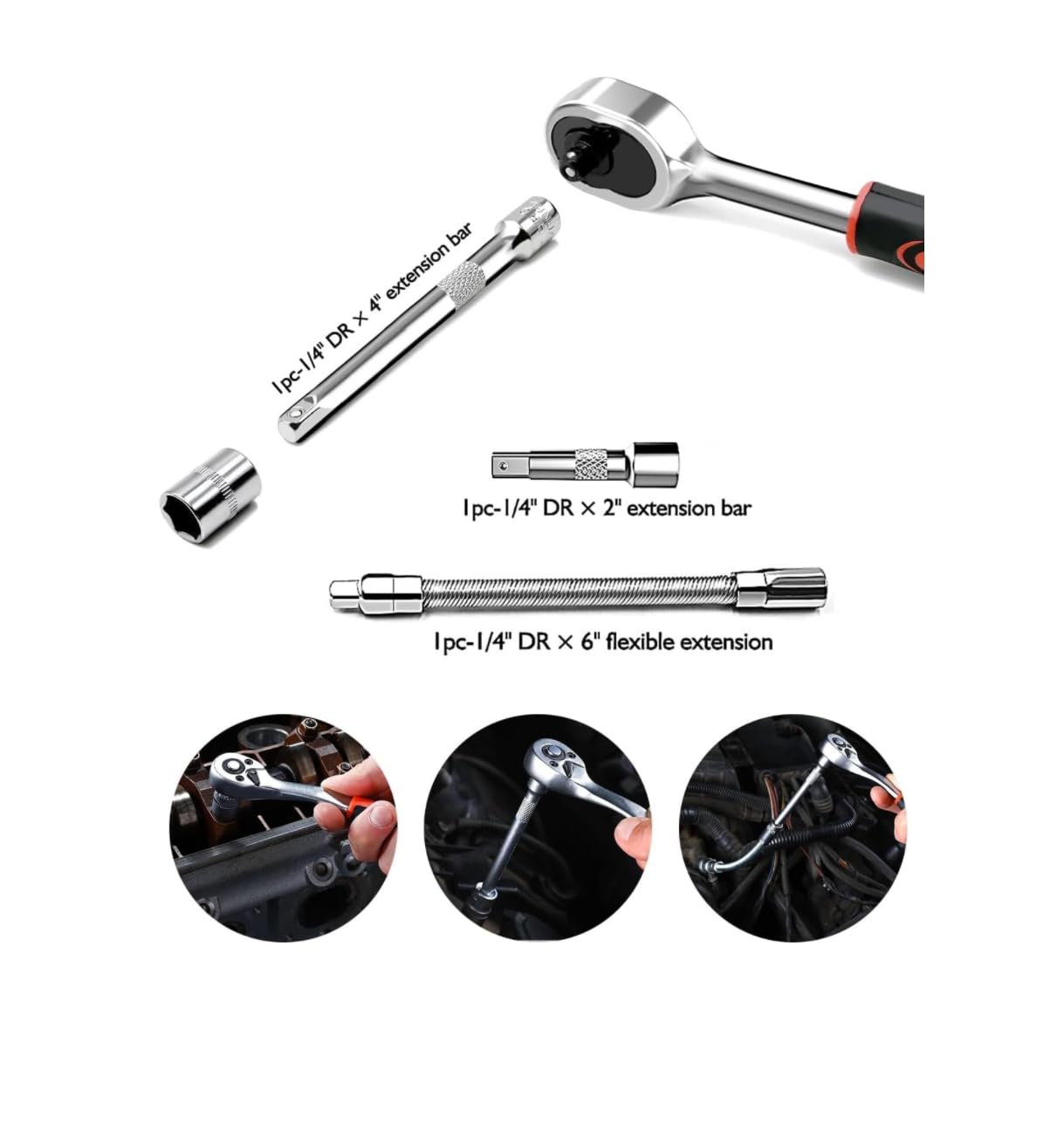 46 Piece 1/4" Drive Socket Wrench Driver Bits Metric Set Flexible Extension Rods with 72 Teeth Reversible Ratchet Spanner - Image 3