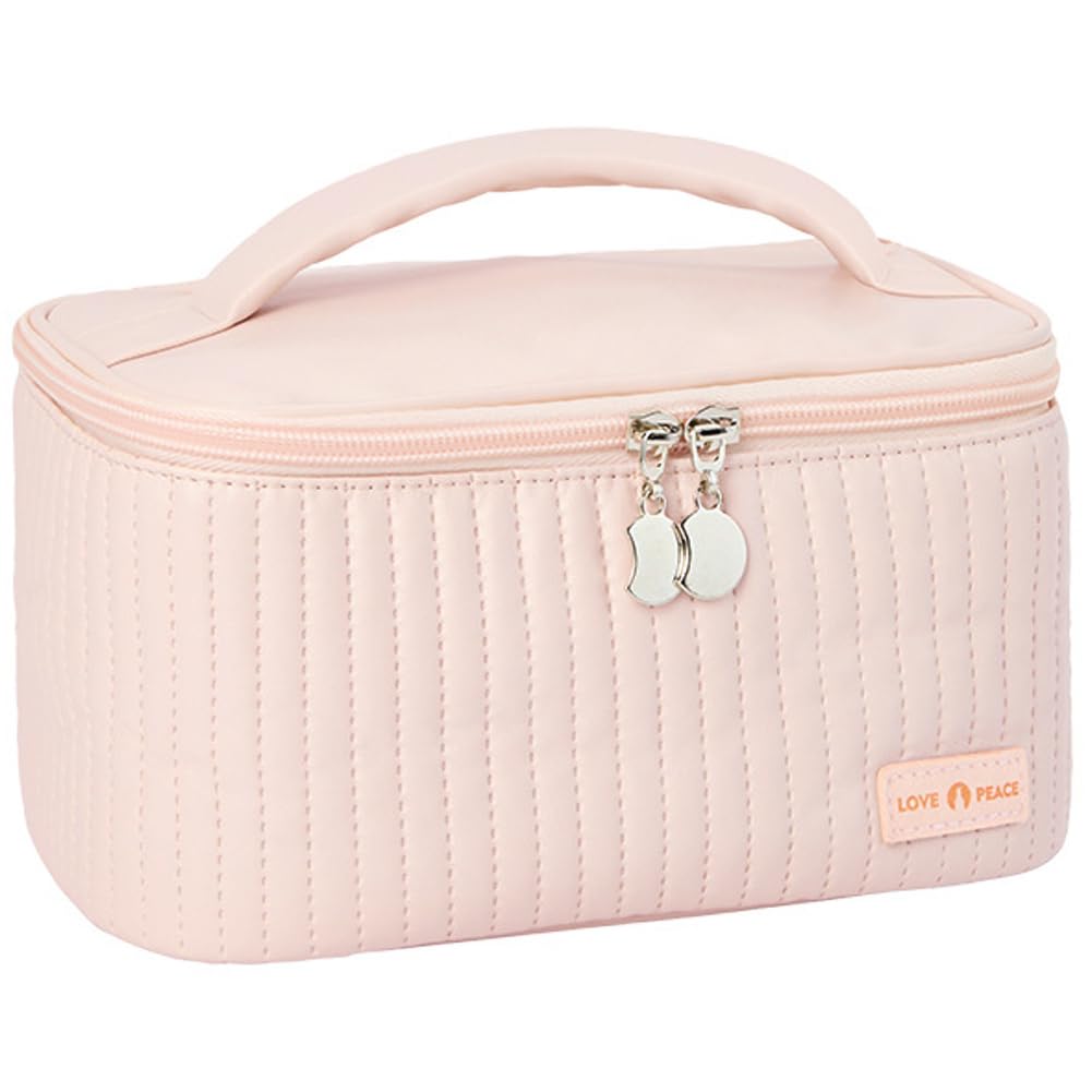 kamumanni Travel Makeup Bag, Top Open Makeup Case with Handle, Portable Cosmetic Bag with Brush Holder, Soft PU Leather Toiletry Bag for Women, Pink