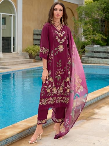 Image of INDO ERA Women's Pure Silk Kurta and Pant with Dupatta Set