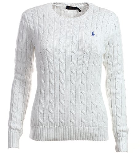 RALPH LAUREN Women's Crewneck Cable Knit Pony Logo Sweater (M White)
