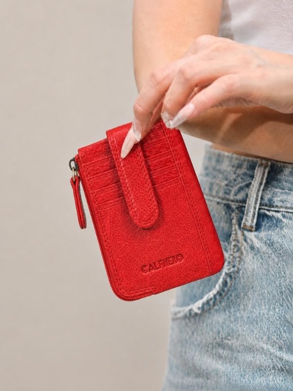 Image of Calfnero Genuine Leather Card Holder & Key Case for Men & Women | Slim Wallet with Zipper Pocket, Card Slots & Key Chain | Compact Travel Organizer (Light Red)