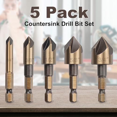 Rocaris R-332 5 Pack Countersink Drill Bit Set For Wood And Metal, 1/4 Inch Hex Shank, 4241 High Speed Steel thumb #1