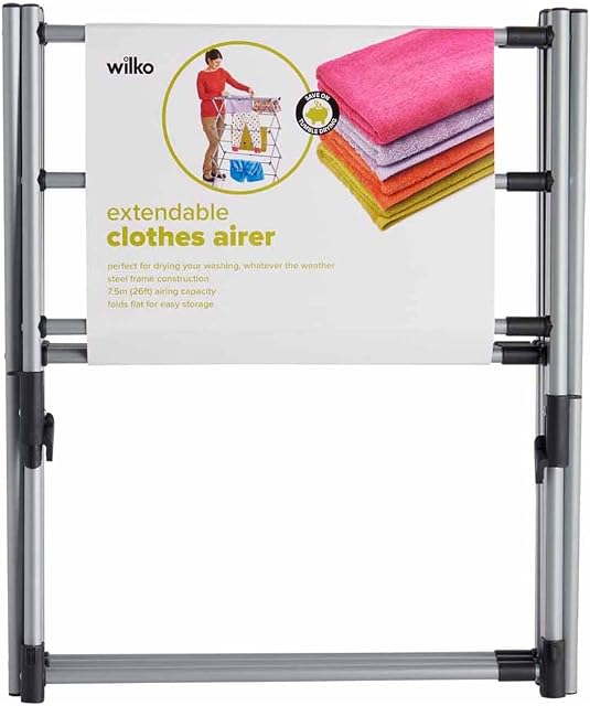 wilko 3 tier extendable clothes airer 7.5m, compact for ease of storage, it expands from 43cm to 74cm,durability along with a resistance to rust