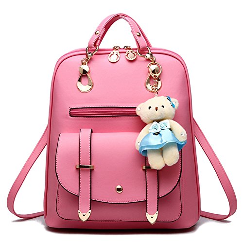 MISSMAO Girls Sweet PU School College Travel Outdoor Bag Backpack Ultimate with Bear Decoration, Pink,?30 * 27 * 12?CM