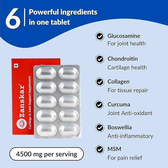 Image of Zanskar Joint Support Supplement (30 Tablets) | 100% Veg - Glucosamine, Chondroitin, MSM, Collagen & Curcumin (4500mg) | Supports Joint Comfort, Flexibility & Mobility