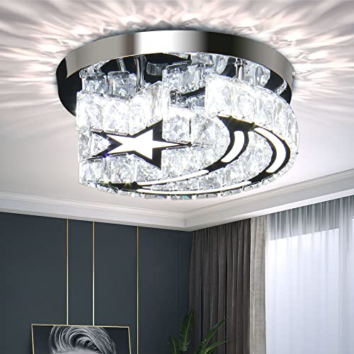 FRIXCHUR Small Crystal Ceiling Light Modern Crystal Chandelier Star Moon LED Flush Mount Ceiling Lights Fixture for Bedroom Hallway Entryway (Cool White) by FRIXCHUR - Used condition - US$24.96