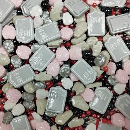 Image of Halloween Sprinkles Edible Red Black Sprinkles for Cake Decorating, Tombstone Skull Palm Bloody Sprinkle Mix for Cupcakes Cake Toppers Cookies Baking Decoratings