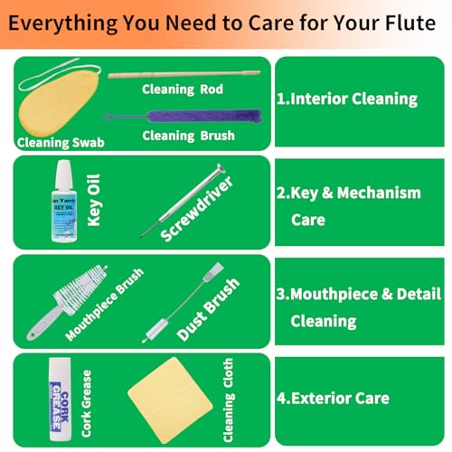 Nan Yante Flute Cleaning Kit, 9-in-1 Woodwind Maintenance Care Set with Microfiber Swab, Key Oil, Cork Grease, Rod & Screwdriver, Professional Accessories Compatible with Standard Flutes and Piccolos