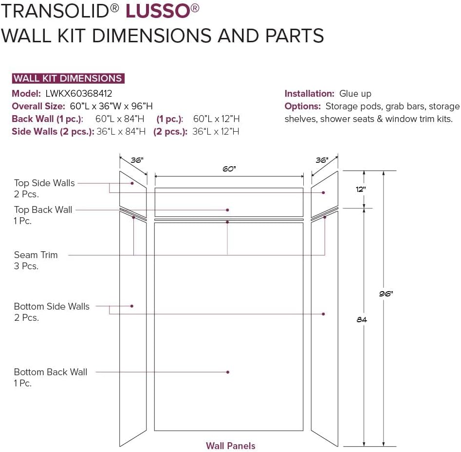 Transolid LWKX60368412-181 Lusso 60-in x 36-in x 84/12-in Glue To Wall 6-Piece Transition Shower Wall Kit, Palladio White