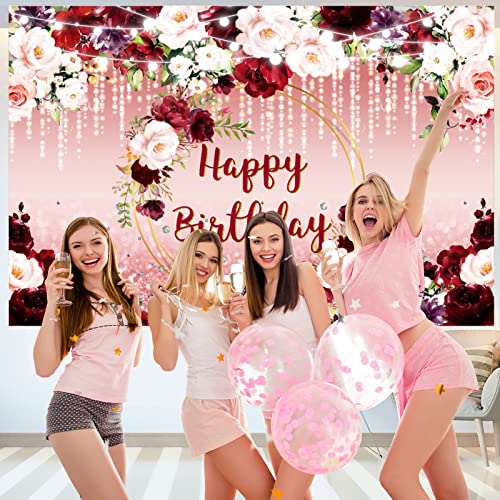 Sensfun Burgundy Floral Birthday Backdrop Pink Rose Gold Flower Glitter Dot Happy Birthday Banner Photography Background for Women Girls Birthday Party Decorations Supplies Photo Booth Backdrops 7x5ft by sensfun - Image 2