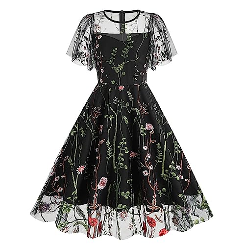 50er Rockabilly Petticoat Kleid Damen Hepburn Tüll Abendkleid Stickerei Blumen Druck Ballkleid Kurzarm Rundhals Partykleid Hohe Taille Abiballkleid...