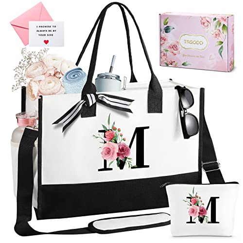 TRSODD Birthday Gifts for Women Mothers Day Gifts for Mom Wife Grandma Daughter Sister Teacher Initial Tote Bag and Makeup Bag