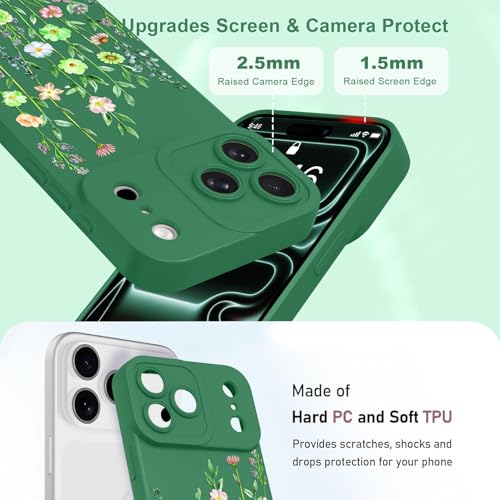 Image of Designed for iPhone 17 Pro Max Case Flower for Women Girls, Green | Cute Floral Pattern Liquid Silicone Phone Case [Full Camera Protection] Slim Soft TPU Protective Cover