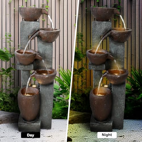 Image of Naturefalls 39 inch H Modern Outdoor Fountain - 5 Crocks Outdoor Garden Fountains with Contemporary Design&LED Light for Garden, Patio, Deck, Porch, Backyard and Home Art Decor