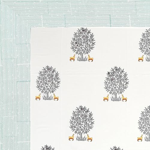 Image of BLOCKS OF INDIA Hand Block Printed 300 TC Cotton Super King Size Bedsheet(106 x 106) (Life Green)