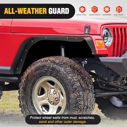 Image of Nilight Off-Road Fender Flares Kit Compatible with 1997 1998 1999 2000 2001 2002 2003 2004 2005 2006 Wrangler TJ & LJ Heavy-Duty Solid Steel Black Textured Front Rear Flat 4 PCS