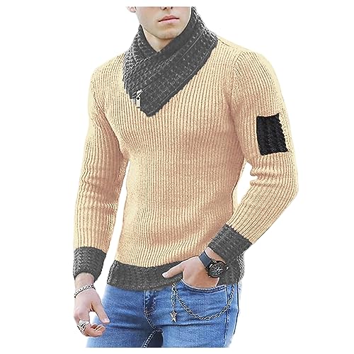 Mens Scarf Collar Knitted Sweater Turtleneck Casual Long Sleeve Rib-Knit Pullover Sweaters Slim Fit Comfort Jumper Top