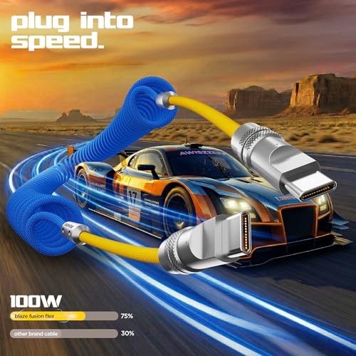 Image of Dubstep Fusion Flex 100W Coiled Type-C to Type-C Fast Charging Cable, 1.8M, 480Mbps Data, Knurled Metal Connector, Nylon Braided, PowerBlitz Technology (Blue & Yellow)