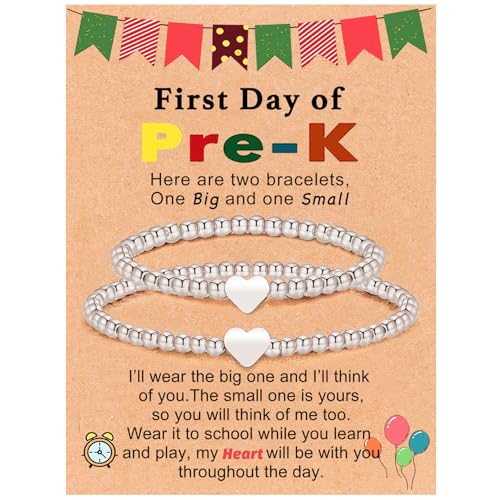 Image of 2Pcs First Day of Kindergarten Preschool Bracelets for Mommy and Me, Matching Heart Beaded Bracelets for Mother Daughter