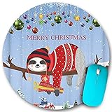 Rundes Mauspad Rutschfester Gummi, Lustiges süßes Faultier Frohe Weihnachten Rotes Tuch Schneeflocke Geschenkbaum Ast Traum Blauer Winter, Wasserdichte, haltbare Mausmatte Büro Desktops Persönlichkeit