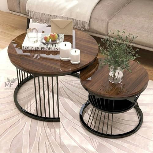 Image of MELVON Lightweight Nesting Coffee Table Set of 2, Black Frame with Walnut Finish Top, Round Coffee & Side Tables for Living Room