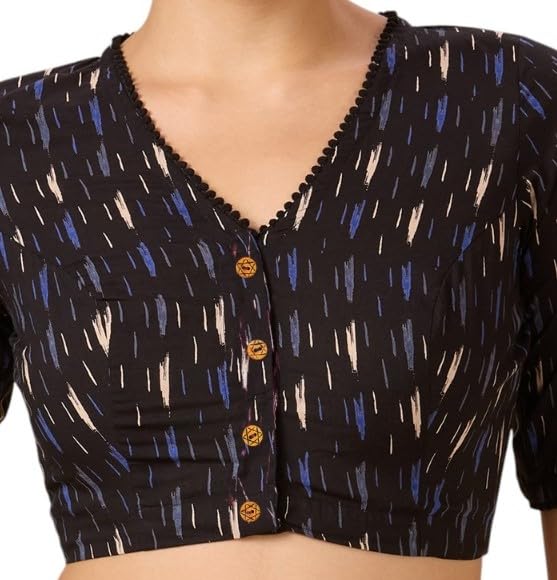 Image of Studio Shringaar Women's Cotton Ikat Printed Elbow Length Sleeves Saree Blouse