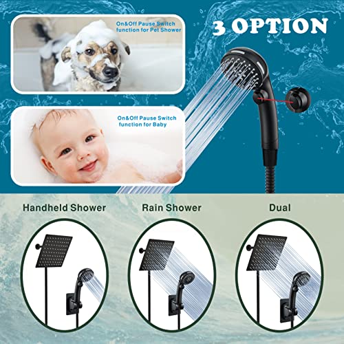 Shower Head With Handheld, High Pressure 8'' Rainfall Stainless Steel With On/Off Pause Switch Combo With Hose,Adhesive Shower Head Holder (Square Matte Black) … #TOP1