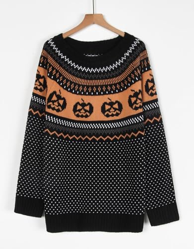Image of Women's Fair Isle Sweaters Long Sleeve Crew Neck Loose Casual Halloween Pullover Sweater Black Small