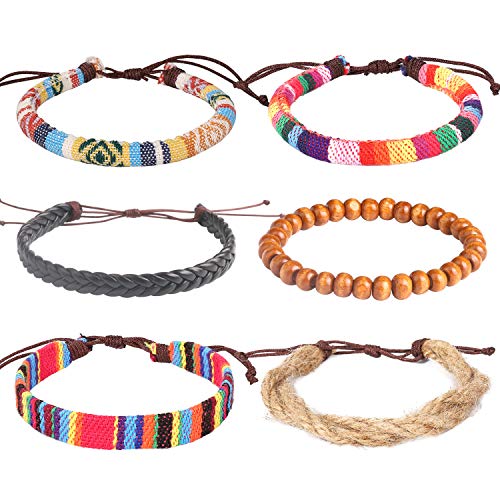 Wrap Bead Leather Woven Stretch Bracelet - 6 Pcs Boho Hemp Linen String Bracelet for Men Women Girls