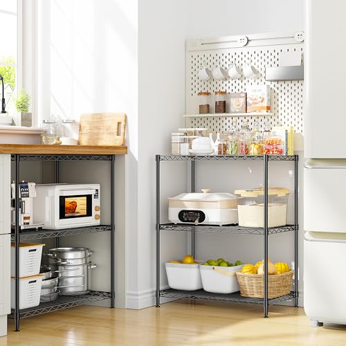 Image of 3 Tier Storage Shelves Metal Shelving Unit,Adjustable Wire Rack Pantry Kitchen Shelves,Small Shelf Wire Shelving for Laundry Office Bedroom Dorm Bathroom Closet 24 inch W x 30 inch H x 14 inch D Black Shelves